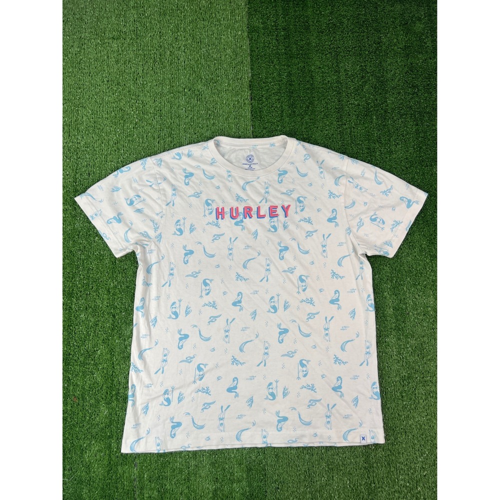 Hurley Mens Mermaid All Over Print Graphic T-Shirt White Blue Size Medium